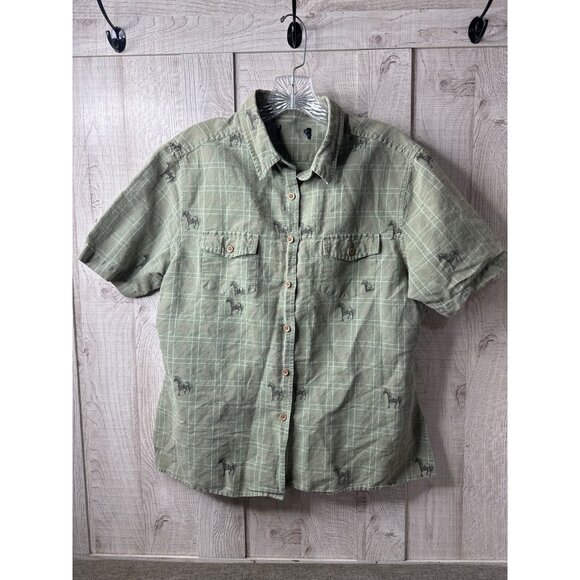 Tops - Womens Button Down Short Sleeve Green Shirt Size Large Western Horse Print